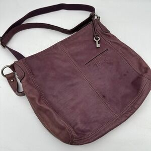 Fossil Crossbody Purple Leather Purse Hobo Boho Paisley-Lined Slouchy Bag VGT